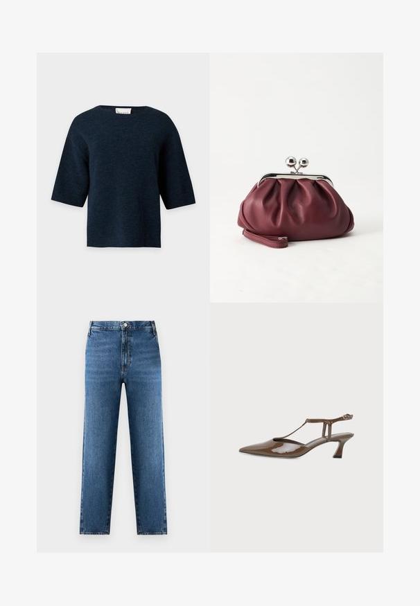 Pull en maille bleu marine foncé à manches courtes avec un col rond et un ourlet droit, présenté sur un fond clair uni.; Jean droit bleu à taille haute, fabriqué en denim. Présente une fermeture à bouton et zip à l'avant, avec un léger délavage sur le tissu.; Chaussure slingback en cuir verni marron, bout pointu, petit talon kitten, fine bride en T et fermeture à boucle à la cheville.; Petit sac pochette en cuir bordeaux avec fermoir métallique argenté et bracelet sur fond blanc.