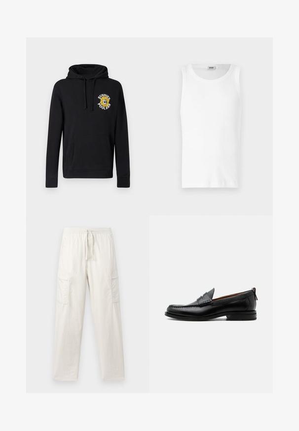 Schwarzer Kapuzenpullover aus Baumwolle mit Fronttasche, Kordelzugkapuze und einem bunten, bestickten Sonnenblumen-Motiv. Mit gerippten Bündchen.; Weißes Baumwoll-Tanktop ohne Ärmel mit Rundhalsausschnitt und glatter Textur. Einfaches Design, ohne Muster oder Akzente.; Hellebeige Cargo-Hosen aus Baumwollmischung; mit elastischem Bund, Kordelzug und zwei seitlichen Taschen für zusätzlichen Nutzen.; Schwarzer Leder-Herrenschuh mit Mokassinnaht, Penny-Riemen, strukturiertem Kragen und niedrigem gestapeltem Absatz auf weißem Hintergrund.