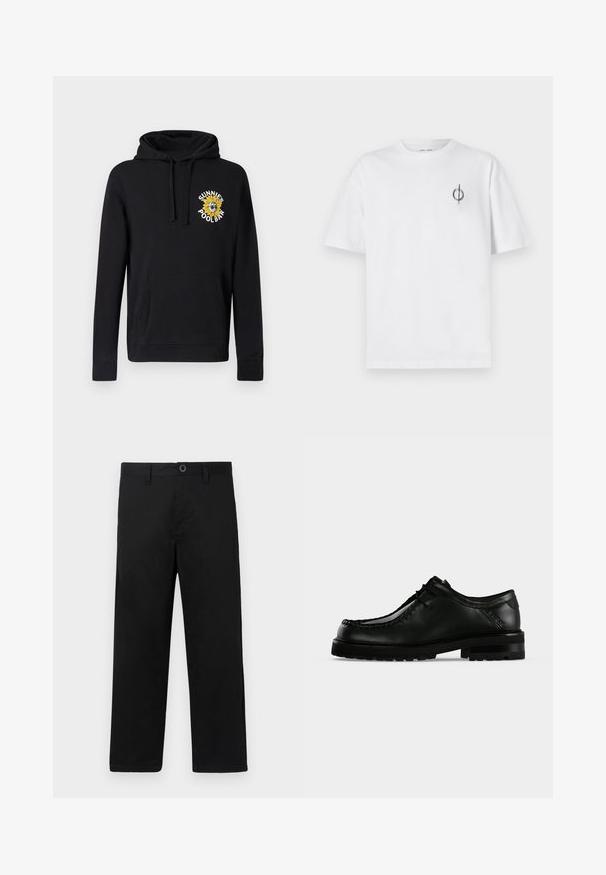 Sweat à capuche noir en coton avec poche avant, capuche à cordon et un motif tournesol brodé coloré. Comprend des poignets côtelés.; T-shirt en coton blanc avec une coupe décontractée, présentant un petit logo graphique noir sur le côté gauche de la poitrine. Manches courtes, col rond.; Pantalon en coton noir coupe droite, avec une taille standard, des passants de ceinture et une fermeture à un bouton. Texture lisse, sans motifs.; Chaussure en cuir noir à lacets avec semelle épaisse en caoutchouc et couture moc toe, vue de profil gauche sur fond clair uni.