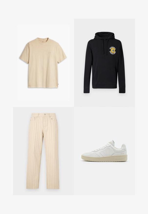 Sort hættetrøje lavet af bomuld med forlomme, snøre i hætten og et farverigt broderet solsikkemotiv. Har ribstrikkede manchetter.; Beige bomulds t-shirt med rund hals og korte ærmer. Har et subtilt "Levi's" logo i samme farve på brystet. Blød tekstur.; Beige lige ben bukser med lodrette striber, der har knaplukning, bælteløkker og sidelommer. Stoffet har en glat overflade.; Hvide lædersneakers med struktureret overflade og polstret krave. Har en beige gummisål og diskret branding på hælen og siden.