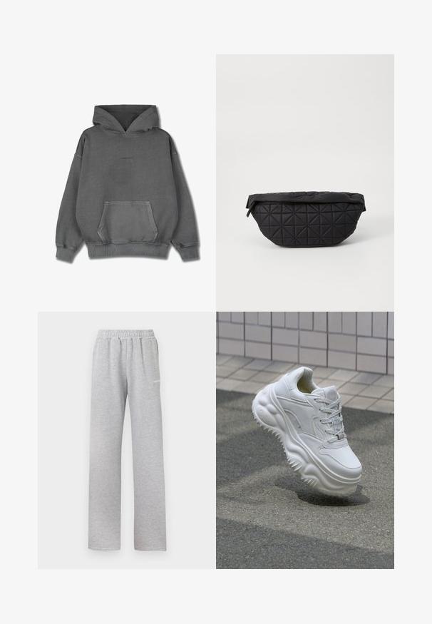 Pegador CLARITA LOGO OVERSIZED HOODIE - Kapuutsiga pusa - vintage grey grey gum; Heled hallid spordipüksid elastse vöökoha, sirge jala disaini ja väikese valge logoga vasakul reitel. Pehme, tekstuuriga kangas.; Valge nahkne tennis, millel on paks tald, tekstuuriga detailid ja paeltega sulgemine. Omab vormitud aktsente ja siledat viimistlust.; Must mustriga kott, millel on pehme, pehmendatud tekstuur ja nurga kujuline teemantmuster, kumer siluett ja tõmblukuga sulgemine.