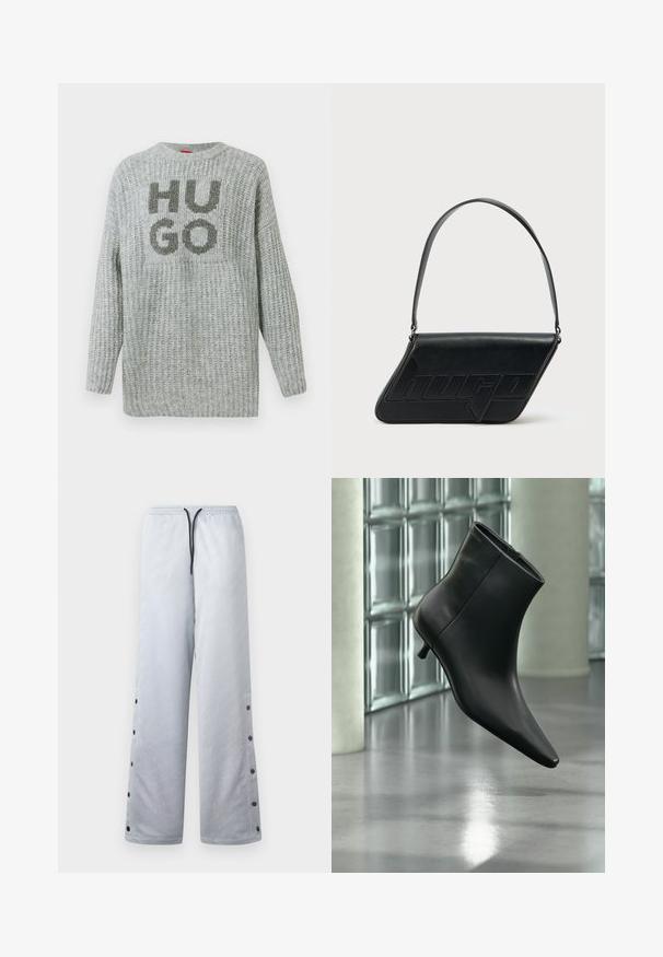 Hallide pöidlaühega hall kudum, millel on pikad varrukad ja mille esiküljel on suur tumedamat halli tooni "HUGO" logo. Peen ribakujundus.; Heledad hallgray track pants, millel sädeluse tekstuuri, elastse taljevööga, musta tõmblukke ja nööbid külgõmblustel.; Mustast nahast pahkluu saabas terava varbaotsaga ja madala Kitsuki kontsaga, kuvatud nurga alt läikiva põranda ja klaasplokkseinaga taustal.; Mustast nahast kolmnurkse kujuga õlakott, reljeefse logoga ja ühe reguleeritava rihmaga. Minimalistlik disain ja sile tekstuur.