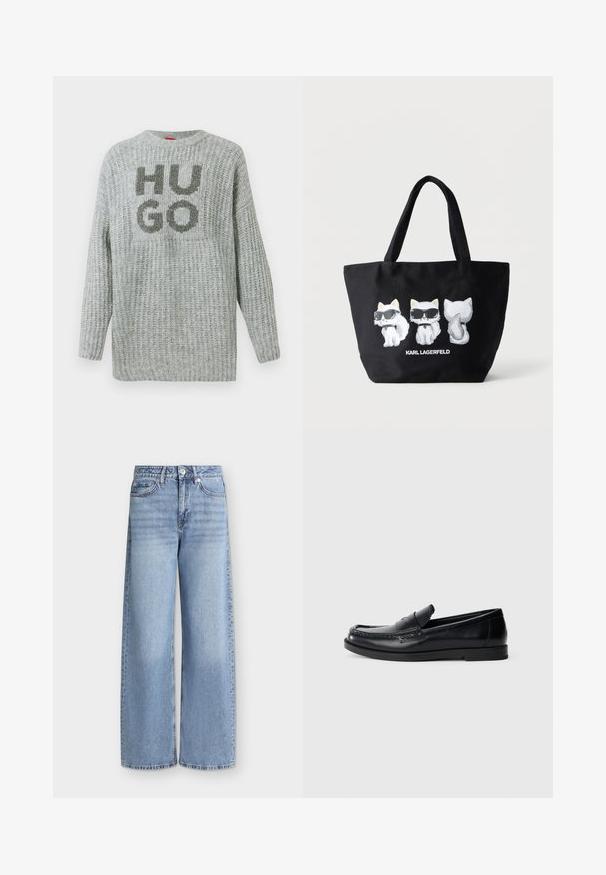 Harmaa neulottu neuletakki, jossa on pitkät hihat, ja jonka etupuolella on suuri tummanharmaa "HUGO"-logo sekä leveä pyöreä pääntie. Huomaamaton ribbikuvio.; Vaaleansiniset leveälahkeiset farkut, joissa etutaskut, vyölenkit, napillinen kiinnitys ja haalistuneet yksityiskohdat reisissä.; Mustat nahka loafer-kengät, joissa on ommeltu korostussuunnittelu, pyöreä kärki, litteä kumipohja ja sileä pinta. Klassinen, monipuolinen siluetti.; Musta kangaskassi, jossa on kolme valkoista sarjakuvakissaa aurinkolaseissa, esitetty edestä, sivulta ja takaa, alla teksti "KARL LAGERFELD".
