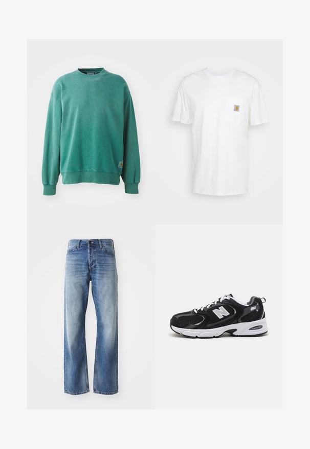 Grüner Rundhalsausschnitt-Pullover aus Baumwollmischung. Verfügt über gerippte Bündchen und Saum, eine lockere Passform und ein kleines Logotag auf der unteren linken Seite.; Weißes Baumwoll-T-Shirt mit kurzen Ärmeln, einer Brusttasche und einem kleinen quadratischen Logopatch in Orange und Weiß auf der Tasche.; Blaue Jeans mit geradem Bein aus Denim, mit leichtem Verblassen an den Oberschenkeln und Knien, ausgestattet mit fünf Taschen und einem Knopfverschluss.; Schwarze und graue Sportschuhe mit Obermaterial aus Mesh und Wildleder, ausgestattet mit einer weißen Zwischensohle, Schnürsenkeln und einem markanten "N"-Logo an der Seite.