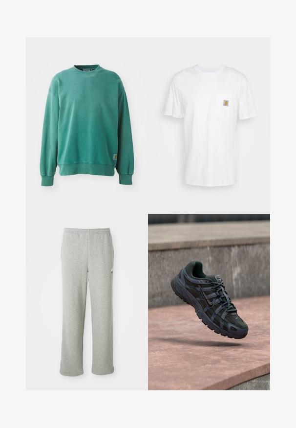Grøn crewneck sweatshirt lavet af bomuldsblanding. Har ribbede manchetter og kant, afslappet pasform og et lille logo-tag på den nederste venstre side.; Hvid bomulds T-shirt med korte ærmer, en brystlomme, og et lille firkantet logo patch i orange og hvid på lommen.; Grå sweatpants lavet af blødt bomuldsblandingsstof, med elastisk talje, lige ben-design og et lille logo på venstre side.; Mørkegrå Nike løbesko med mesh og syntetisk design, svævende over en lyserød betonoverflade med en grå stens baggrund.