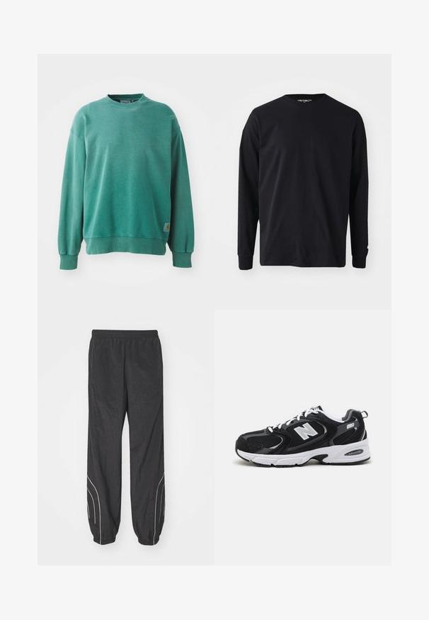 Roheline crewneck dressipluus, mis on valmistatud puuvilla segust. Omab soonikuid mansetides ja ääres, lõdva lõikega ning väikest logotagi vasakul all nurgas.; Must musta varrukatega T-särk, mis on valmistatud puuvillast, ümmarguse kaelusega ja sirge lõikega, väikese logodetailiga varrukal.; Mustad must windbreaker püksid, millel on elastne vöökoht, kitsenevad sääred ja valged küljeaksendid. Valmistatud kergest, tekstureeritud kangast.; Must värvi ja hallid spordijalatsid, mille ülemine osa on valmistatud võrgust ja nahast, valge vaheosaga, paeltega ja küljel julge "N" logo.