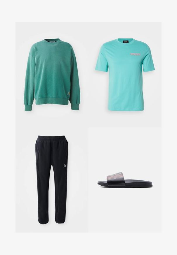 Grøn crewneck sweatshirt lavet af bomuldsblanding. Har ribbede manchetter og kant, afslappet pasform og et lille logo-tag på den nederste venstre side.; Turkise kortærmet T-shirt med rund hals og lille "Scotch & Soda" logo på venstre bryst.; Sorte atletiske bukser i et blødt, tekstureret materiale, med en elastisk talje, sidelommer og et trekantet logo-accent på låret.; Sort slidesandal med en tyk, flerfarvet stribet rem og en tekstureret sål, vist fra siden mod en hvid baggrund.