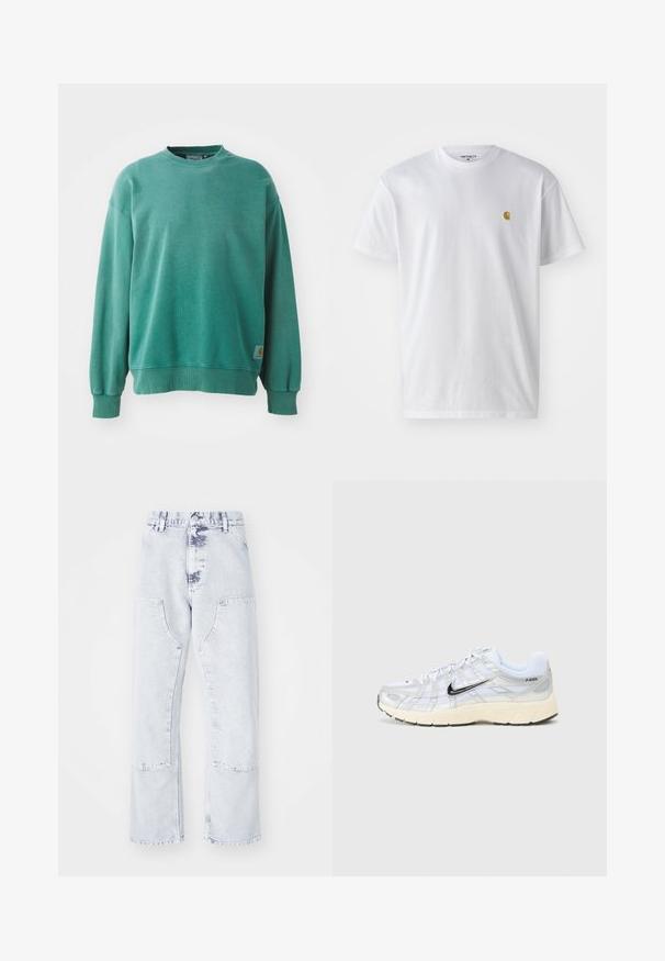 Grøn crewneck sweatshirt lavet af bomuldsblanding. Har ribbede manchetter og kant, afslappet pasform og et lille logo-tag på den nederste venstre side.; Hvid bomulds t-shirt med korte ærmer, rund hals og et lille guld logo på venstre brystområde. Blød tekstur og almindelig pasform.; Lys blå denim straight-leg jeans med patchlommer, høj talje og en falmet overflade. Har tonede syninger og en afslappet pasform.; Hvide mesh sneakers med sølvdetaljer, sort Nike swoosh, polstret krave og tekstureret sål. Har et lagdelt design for stabilitet.