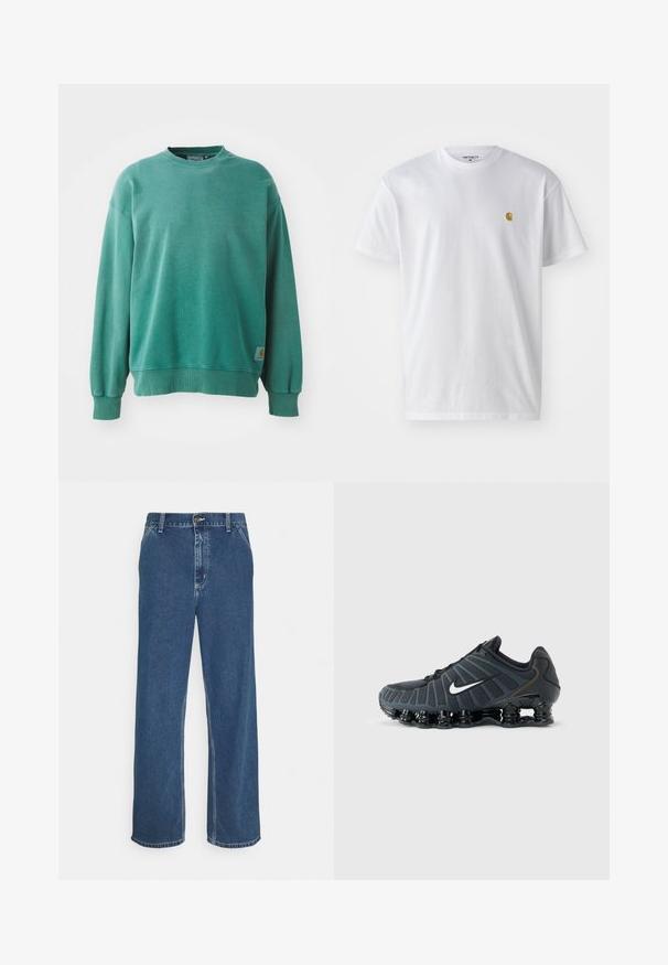 Grøn crewneck sweatshirt lavet af bomuldsblanding. Har ribbede manchetter og kant, afslappet pasform og et lille logo-tag på den nederste venstre side.; Hvid bomulds t-shirt med korte ærmer, rund hals og et lille guld logo på venstre brystområde. Blød tekstur og almindelig pasform.; Blå denimjeans med lige pasform, fem-lomme design, metalknaplukning og synlig syning langs søm og kant.; Sort Nike-løbesko med hvid swoosh, polstret segmenteret sål og åndbart øverste meshdesign på ensartet grå baggrund.