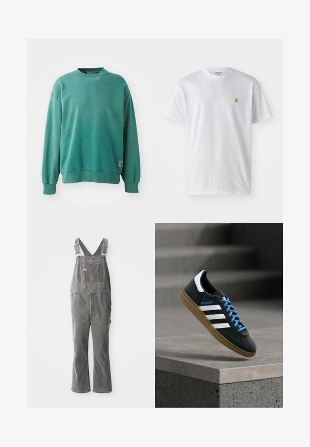 Zelený crewneck sveter vyrobený z bavlneného zmesi. Obsahuje rebrované manžety a lem, uvoľnený strih a malú logo nášivku na dolnej ľavej strane.; Biele bavlnené tričko s krátkymi rukávmi, okrúhlym výstrihom, s malým zlatým logom na ľavej strane hrude. Mäkká textúra a normálny strih.; Sivé denové kombinézy s nastaviteľnými ramienkami, predná náprsné vrecko, bočné vrecká a rozšírené nohavice. Pevná tkanina a voľný strih pre pohodlie.; Čierna teniska Adidas s bielymi pruhmi, modrými šnúrkami a gumovou podrážkou, ktorá sa vznáša nad sivým betónovým schodom v mäkkom svetle.