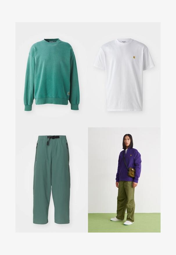 Grüner Rundhalsausschnitt-Pullover aus Baumwollmischung. Verfügt über gerippte Bündchen und Saum, eine lockere Passform und ein kleines Logotag auf der unteren linken Seite.; Weißes Baumwoll-T-Shirt mit kurzen Ärmeln, Rundhalsausschnitt, mit einem kleinen goldenen Logo im linken Brustbereich. Weicher Stoff und normale Passform.; Grüne, leichte Hose mit lockerer Passform. Verfügt über einen verstellbaren Bund und zwei seitliche Reißverschlusstaschen. Glatte Textur, cropped Länge.; Jordan AIR JORDAN 1 ZM CMFT 2 - Sneaker high - summit white/bicoastal/oxidized green