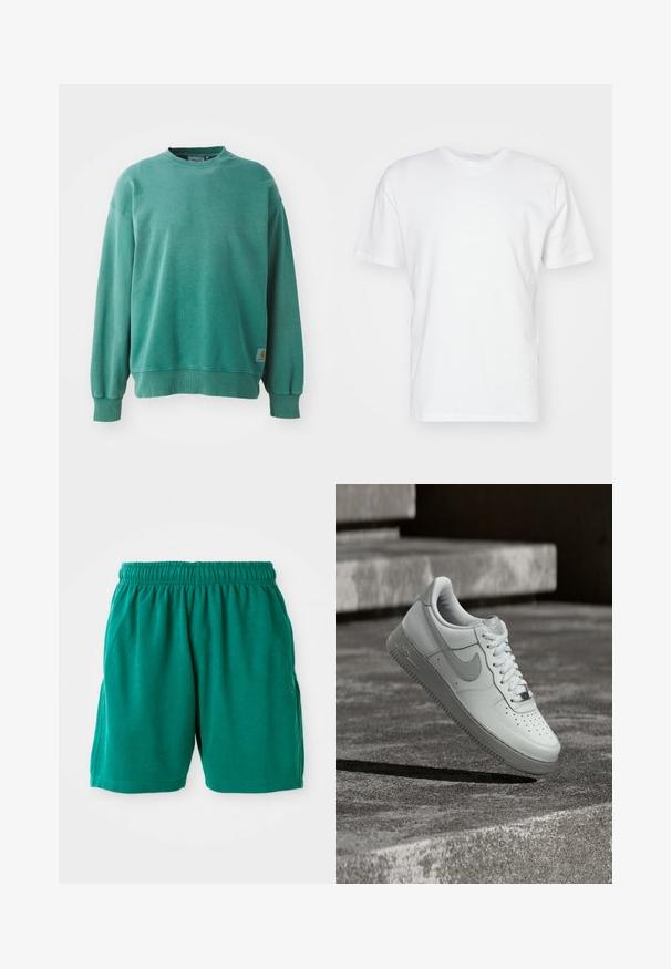 Zelený crewneck sveter vyrobený z bavlneného zmesi. Obsahuje rebrované manžety a lem, uvoľnený strih a malú logo nášivku na dolnej ľavej strane.; Biela bavlnená tričko s krátkymi rukávmi, okrúhlym výstrihom a hladkou textúrou. Jednoduchý dizajn bez vzorov alebo grafiky.; Zelené bavlnené šortky s elastickým pásom, bočnými vreckami a prešitým lemom. Hladká textúra s uvoľneným, neformálnym strihom.; Biela teniska Nike Air Force 1 vznášajúca sa nad textúrovaným betónovým povrchom s kamennými schodmi v pozadí.