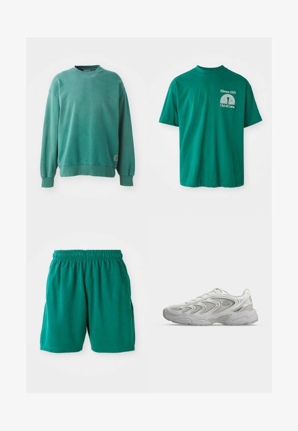 Groene crewneck sweatshirt van een katoenmix. Voorzien van ribgebreide mouwen en zoom, een relaxte pasvorm en een klein logo-label aan de onderzijde aan de linkerzijde.; Groene katoenen T-shirt met een ronde halslijn. Bevat een grafische print in het wit met de tekst "Ellesse 1959 Club di Corsa" op de linker borst.; Groene katoenen shorts met een elastische tailleband, zijzakken en gestikte zoom. Gladde textuur met een ontspannen, casual pasvorm.; Witte sportschoen met golfachtige patronen, meshpanelen en dikke gevoerde zool, van opzij getoond op een egale lichte achtergrond.