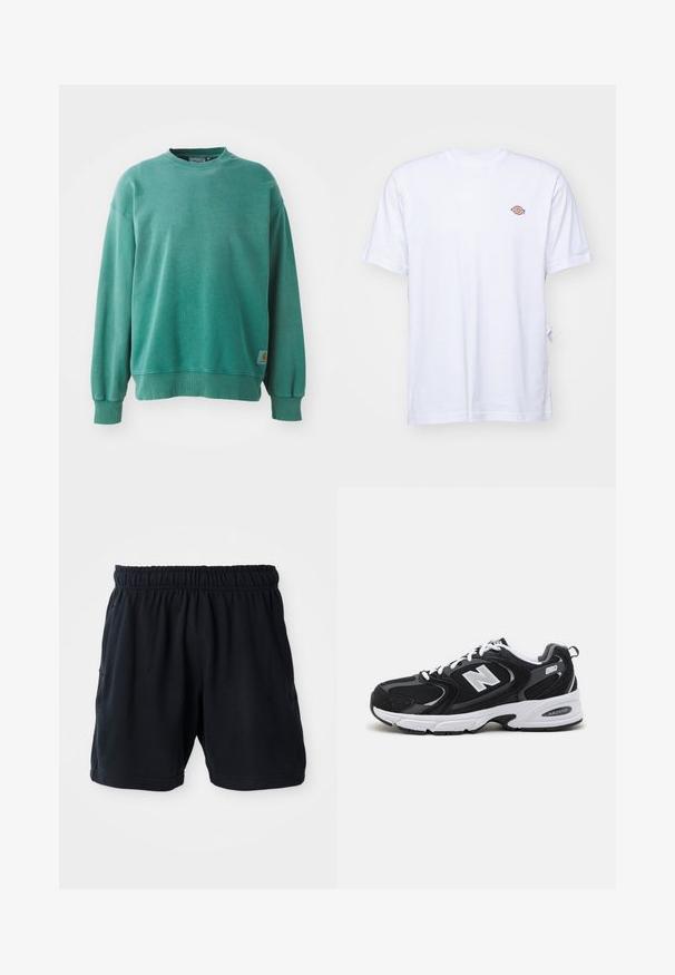Sudadera verde de cuello redondo hecha de una mezcla de algodón. Cuenta con puños y dobladillo acanalados, un corte holgado y una pequeña etiqueta con el logo en el lado inferior izquierdo.; Camiseta de algodón blanca con cuello en V y mangas cortas. Presenta un pequeño logo bordado de colores en el lado izquierdo del pecho. Textura suave.; Shorts deportivos negros hechos de tela suave, con una cinturilla elástica y dos bolsillos laterales para mayor comodidad.; Zapatillas deportivas en negro y gris con parte superior de malla y ante, que cuentan con una entresuela blanca, cordones y un llamativo logo "N" en el lateral.