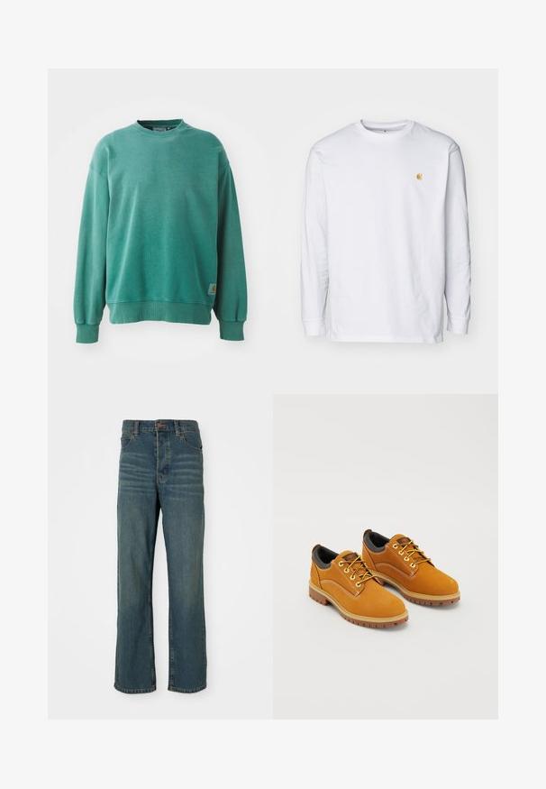 Roheline crewneck dressipluus, mis on valmistatud puuvilla segust. Omab soonikuid mansetides ja ääres, lõdva lõikega ning väikest logotagi vasakul all nurgas.; Valge pika varrukaga T-särk, mis on valmistatud puuvillast. Rinnal on väike kuldne logo ja ümar kaelus. Lihtne disain ja standardne lõige.; Sinised denim teksad sirge jala disainiga, millel on viis taskut, nööpkinnitus ja kergelt pleekinud esiosa.; Pruuni suede'ist kingad ümarate varvastega, kollaste nööpide, pehmendatud musta kaeluse ja kummitaldadega, mis on varustatud haarderaamidega.