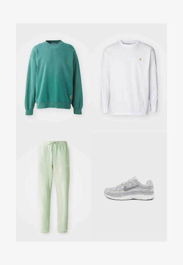 Groene crewneck sweatshirt van een katoenmix. Voorzien van ribgebreide mouwen en zoom, een relaxte pasvorm en een klein logo-label aan de onderzijde aan de linkerzijde.; Witte lange mouwen t-shirt van katoen. Voorzien van een klein gouden logo op de borst en een ronde hals. Eenvoudig ontwerp en standaard pasvorm.; Lichtgroene sweatpants van zachte katoen, met een elastische tailleband met trekkoord en taps toelopende benen, afgewerkt met gathered boorden.; Lichtgrijze Nike P-6000 sneaker met suède en mesh bovenwerk, donkergrijze swoosh, witte zool en vetersluiting, zijaanzicht op een witte achtergrond.