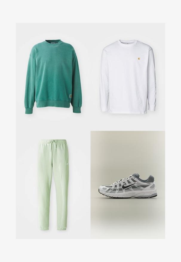 Grüner Rundhalsausschnitt-Pullover aus Baumwollmischung. Verfügt über gerippte Bündchen und Saum, eine lockere Passform und ein kleines Logotag auf der unteren linken Seite.; Weißes Langarm-T-Shirt aus Baumwolle. Mit kleinem goldenem Logo auf der Brust und Rundhalsausschnitt. Einfaches Design und normale Passform.; Helle grüne Jogginghosen aus weichem Baumwollstoff, mit einem elastischen Bund und Kordelzug, schmal zulaufenden Beinen und gerüschten Bündchen.; Weißer und grauer Nike P-6000 Sneaker mit schwarzem Swoosh, Netzpaneelen und strukturierter Sohle, seitlich auf neutralem Hintergrund dargestellt.