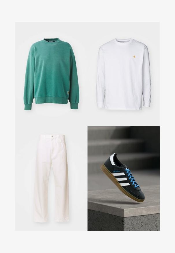 Πράσινο crewneck sweatshirt από μείγμα βαμβακιού. Διαθέτει ριμπ μανσέτες και στρίφωμα, άνετη εφαρμογή και μια μικρή ετικέτα λογότυπου στην κάτω αριστερή πλευρά.; Λευκό μακρυμάνικο μπλουζάκι από βαμβάκι. Διαθέτει ένα μικρό χρυσό λογότυπο στο στήθος και στρογγυλή λαιμόκοψη. Απλός σχεδιασμός και κανονική εφαρμογή.; Λευκά βαμβακερά παντελόνια με φαρδύ πόδι και κλείσιμο με κουμπί, με τριγωνάκια ζώνης και δύο μπροστινές τσέπες. Λείος υφασμάτινος χαρακτήρας, κλασικός σχεδιασμός και ίσια εφαρμογή.; Μαύρο αθλητικό παπούτσι Adidas με λευκές ρίγες, μπλε κορδόνια και καουτσούκ σόλα να αιωρείται πάνω από γκρίζο τσιμεντένιο σκαλοπάτι σε απαλό φως.