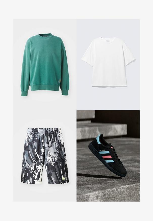 Grøn crewneck sweatshirt lavet af bomuldsblanding. Har ribbede manchetter og kant, afslappet pasform og et lille logo-tag på den nederste venstre side.; Hvid oversized t-shirt med korte ærmer og rund halsudskæring med sænkede skuldre, fladt lagt på lys grå baggrund.; Sorte og grå mønstrede træningsshorts med elastisk talje, der har et digitalt abstrakt design og en lille neonaccent.; Sort Adidas Spezial sneaker med blå og pink striber, svævende over en tekstureret grå betonoverflade med skygge nedenunder.