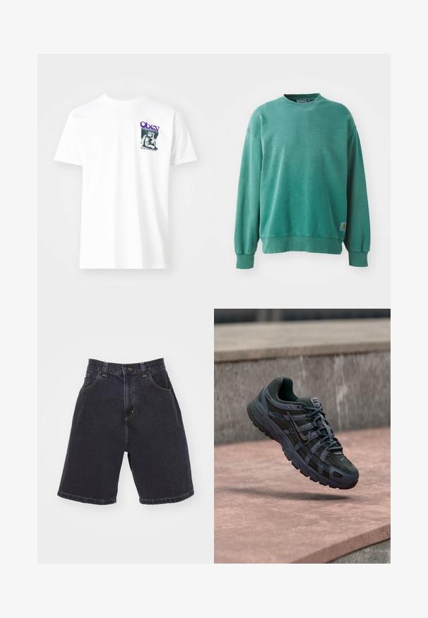 Zelený crewneck sveter vyrobený z bavlneného zmesi. Obsahuje rebrované manžety a lem, uvoľnený strih a malú logo nášivku na dolnej ľavej strane.; Biely bavlnený tričko s grafickou potlačou v purpurovej farbe, zobrazujúce sediacu postavu s textom "Obey" a "Stop Worry Now!" v čiernej farbe.; Tmavé džínsy s vysokým pásom, ktoré majú dve predné vrecká, kontrastné žlté švy a rovný strih s lemovaným koncom.; Tmavosivá bežecká obuv Nike s mesh a syntetickým dizajnom, vznášajúca sa nad ružovkastým betónovým povrchom so sivým kamenným pozadím.