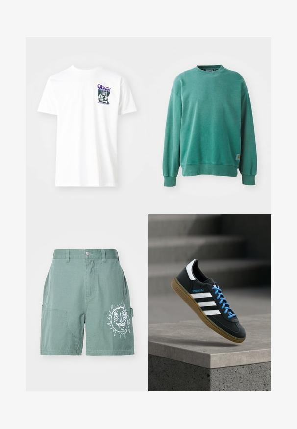 Grüner Rundhalsausschnitt-Pullover aus Baumwollmischung. Verfügt über gerippte Bündchen und Saum, eine lockere Passform und ein kleines Logotag auf der unteren linken Seite.; Weißes Baumwoll-T-Shirt mit einem grafischen Druck in Lila, der eine sitzende Figur zeigt, mit dem Text "Obey" und "Stop Worry Now!" in Schwarz.; Grüne Baumwollshorts mit lockerer Passform, ausgestattet mit zwei Vordertaschen und einem weißen Sonnen-Graphic auf dem rechten Bein. Einfache Saumlinie, ohne Muster.; Schwarzer Adidas-Sneaker mit weißen Streifen, blauen Schnürsenkeln und Gummisohle, der über einer grauen Betontreppe im weichen Licht schwebt.
