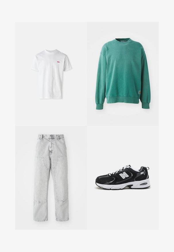 Grøn crewneck sweatshirt lavet af bomuldsblanding. Har ribbede manchetter og kant, afslappet pasform og et lille logo-tag på den nederste venstre side.; Hvid bomulds tshirt med rund hals og korte ærmer, prydet med et lille rødt "OBEY" logo på venstre bryst.; Lys grå denim bukser med en løs pasform, der har store sidelommer, synlige sømme og et lige ben design. Bæltestropper i taljen.; Sorte og grå sportssko med mesh og ruskind på overdelen, der har en hvid mellemsål, snørebånd og et iøjnefaldende "N" logo på siden.