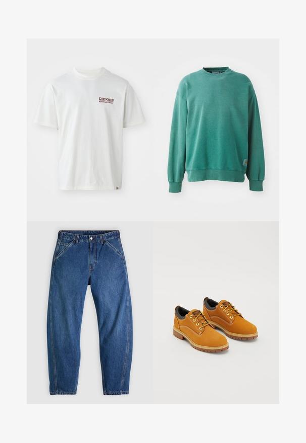 Πράσινο crewneck sweatshirt από μείγμα βαμβακιού. Διαθέτει ριμπ μανσέτες και στρίφωμα, άνετη εφαρμογή και μια μικρή ετικέτα λογότυπου στην κάτω αριστερή πλευρά.; Λευκό βαμβακερό μπλουζάκι με κοντά μανίκια, στρογγυλή λαιμόκοψη και κόκκινο λογότυπο στην αριστερή πλευρά του στήθους. Απλή σχεδίαση χωρίς μοτίβα.; Μπλε τζιν παντελόνι από denim με άνετη εφαρμογή, διαθέτει κούμπωμα με κουμπιά, πέντε τσέπες και αντίθετη πορτοκαλί ραφή. Ομοιόμορφη υφή σε όλο το ύφασμα.; Καφέ σουέτ παπούτσια με στρογγυλή μύτη, κίτρινες κορδόνες, μαξιλαρένιο μαύρο κολάρο και ελαστικές σόλες με αυλακώσεις για πρόσφυση.