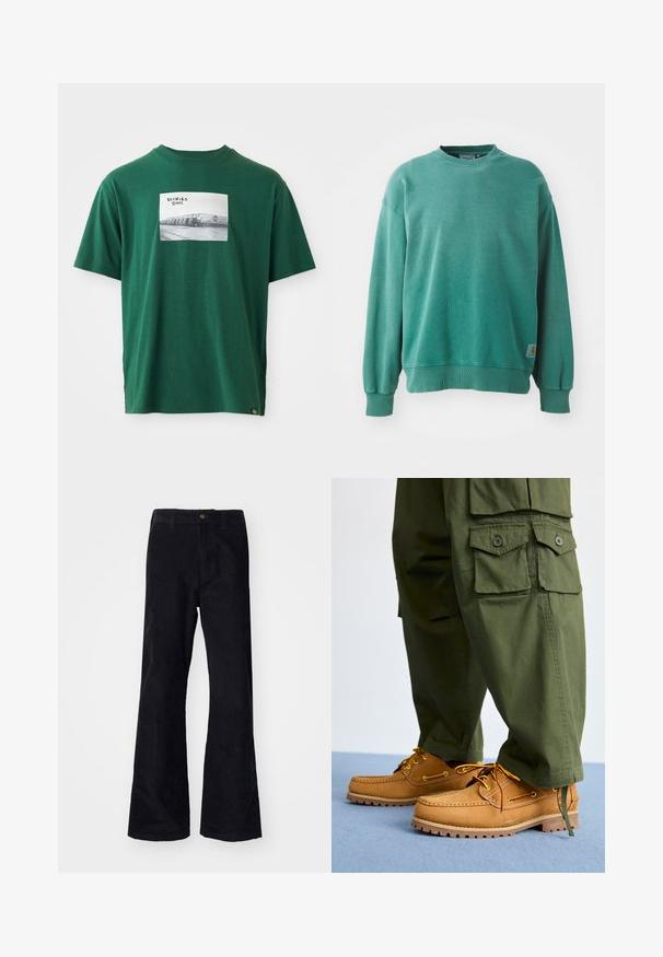 Grøn crewneck sweatshirt lavet af bomuldsblanding. Har ribbede manchetter og kant, afslappet pasform og et lille logo-tag på den nederste venstre side.; Grøn bomulds t-shirt med korte ærmer, der har et kvadratisk grafikprint af et sort-hvidt foto og logo på forsiden.; Sorte, bomuldsforlængede bukser med en traditionel linning, enkelt forreste knap og lommer på siderne og bagpå. Glat tekstur.; Timberland AUTHENTIC 3 EYE - Sejlersko - wheat