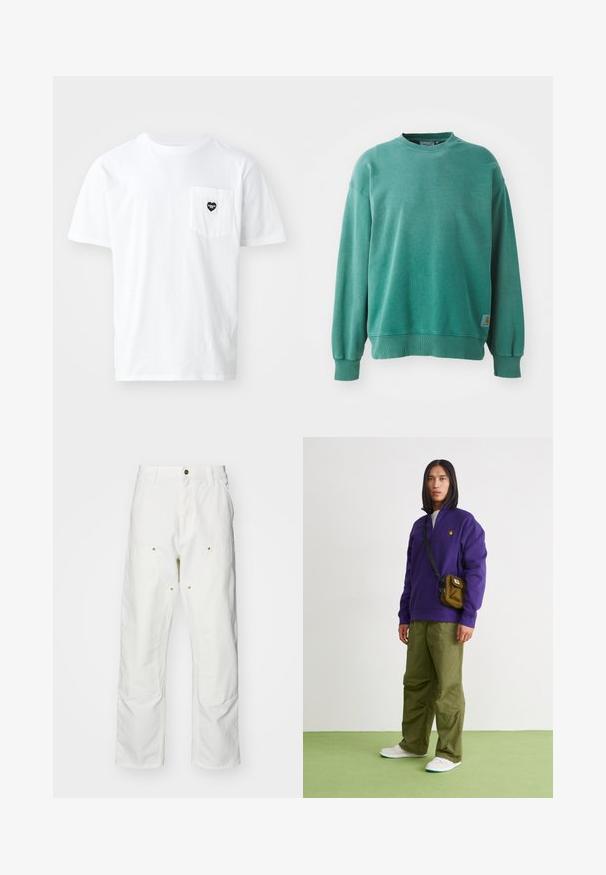 Sudadera verde de cuello redondo hecha de una mezcla de algodón. Cuenta con puños y dobladillo acanalados, un corte holgado y una pequeña etiqueta con el logo en el lado inferior izquierdo.; Camiseta blanca de algodón con cuello redondo y mangas cortas, que presenta un pequeño logo de bolsillo en forma de corazón negro. Diseño sencillo, corte estándar.; Pantalones cargo de algodón blancos con un corte relajado. Las características incluyen bolsillos frontales, detalles en dorado y secciones de rodilla reforzadas.; Jordan AIR JORDAN 1 ZM CMFT 2 - Zapatillas altas - summit white/bicoastal/oxidized green