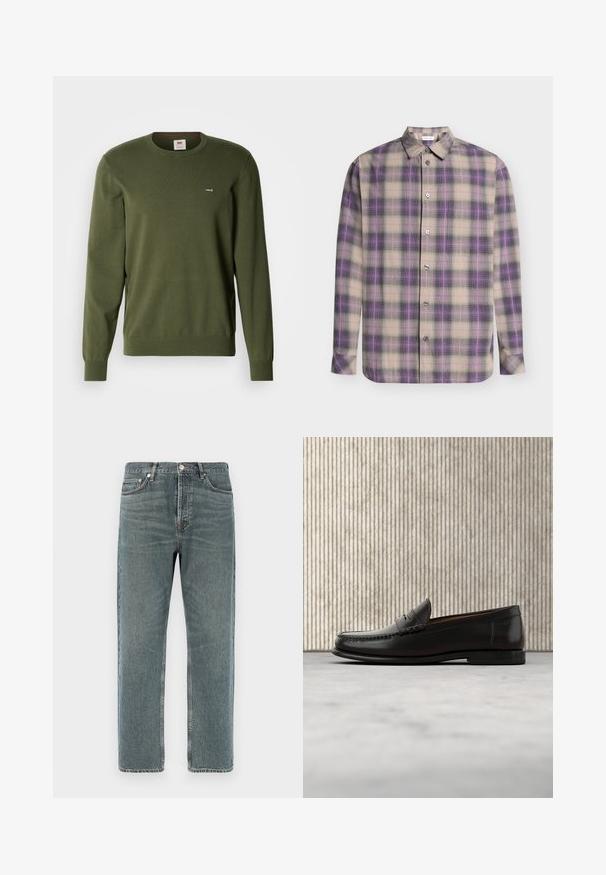 Olijfgroene lange mouwen trui met ronde hals, geribde boorden en zoom, kleine Levi's-logos op de linkerborst.; Overhemd met knopen en lange mouwen met een beige, paarse en zwarte ruitpatroon en een klassieke kraag, plat uitgestald op een lichte achtergrond.; Lichtblauwe denim jeans met een rechte pijp, vijf-pocket ontwerp en zichtbare stikdetails. Geweven stof met een vervaagd uiterlijk.; Zwarte leren penny loafer met lage hak, afgeronde neus en gestikte details langs de voorkant en zijkanten, afgebeeld op een neutrale achtergrond.
