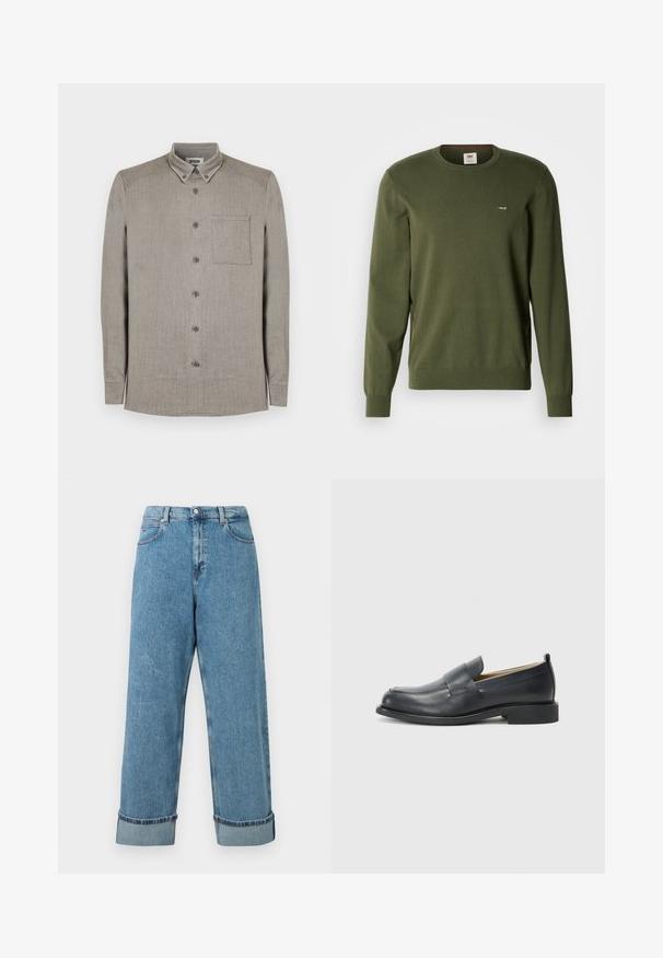 Pull à col rond vert olive à manches longues avec poignets et ourlet côtelés, petit logo Levi's sur la poitrine gauche.; Chemise à manches longues avec boutons, en tissu gris clair à texture subtile, dotée d'un col classique et d'une poche plaquée sur la poitrine.; Jeans en denim bleu taille haute avec des jambes larges et des ourlets retroussés, dotés de poches avant et de passants de ceinture.; Mocassins en cuir noir avec une finition lisse, une semelle plate et un bout arrondi, ornés d'une sangle décorative sur le dessus.