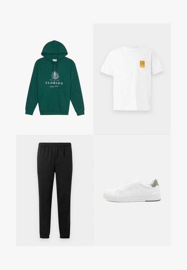 Roheline kapuutsiga dressipluus, mis on ees tasku, kapuutsi pael ja valge trükitekst koos palmilehe kujunduse ning "Florida College League" logoga.; Valge puuvillane T-särk lühikeste varrukatega, mille vasakul ülemisel küljel on kollane ja must graafiline disain.; Mustad mustrevennid elastse pöördiga, kitsenevad jalad ja tekstureeritud kangas. Vasakul küljel on peen logo detail.; Valge tenniseking sileda nahaga, ümar varvas, minimalistlik disain, hall kand, ja tekstureeritud kummist tald.