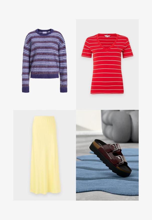 Paars, wit en kastanjebruin gestreepte, zachte trui met lange mouwen, ronde hals en geribbelde manchetten en zoom.; Rode korte mouwen V-hals T-shirt met dunne witte horizontale strepen en een klein logo op de linkerborst.; Geel, knie-lange rok gemaakt van gladde stof met een elastische tailleband, met een uitlopende snit en zonder zichtbare patronen of hardware.; Bruine leren sandaal met dubbele zilveren gespen en dikke zwarte zool, rustend op een gestructureerd blauw kleed in een moderne binnenruimte.