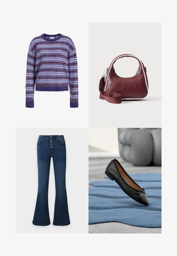 Pull à manches longues en maille pelucheuse rayé violet, blanc et bordeaux, avec col ras du cou et poignets et ourlet côtelés.; Jeans évasés en denim bleu foncé avec une taille haute et une fermeture à cinq boutons sur le devant. Texture lisse avec un léger délavage et des détails de couture subtils.; Ballerine en cuir noir avec un bout arrondi, un embout noir brillant et un nœud décoratif. Dispose d'une semelle intérieure rembourrée et d'un petit talon.; Sac à main en cuir tressé marron foncé avec poignée courbée, garniture blanche, fermeture éclair argentée et bandoulière large en tissu amovible sur fond uni.