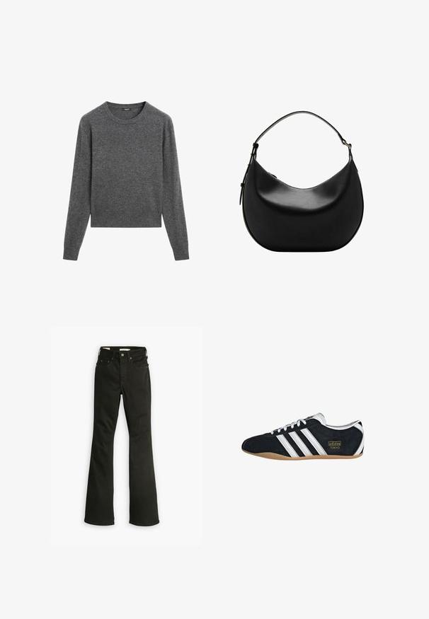 Grijze gebreide trui met lange mouwen en een ronde hals. Zachte textuur, geribbelde manchetten en onderzoom. Eenvoudig, cropped ontwerp.; Zwarte flare jeans van denim. Beschikt over een klassiek vijf-pocket ontwerp met een ritssluiting, stevige stiksels en een schone zoom.; Zwarte suède sneaker met witte drie strepen, gouden logo en een bruine rubberen zool. Heeft een laag profiel vetersluiting ontwerp.; Zwarte, maanvormige leren handtas met een enkele verstelbare schouderband en een glad, minimalistisch ontwerp.