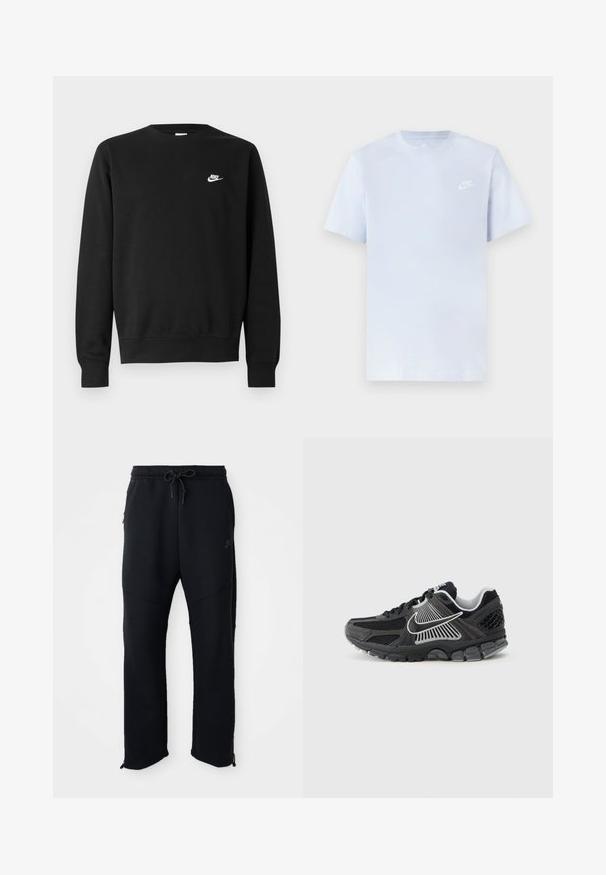 Čierna bavlnená mikina s okrúhlym výstrihom, dlhými rukávmi a malým bielym logom Nike na ľavej hornej strane hrudníka.; Svetlomodré bavlnené tričko s krátkymi rukávmi, okrúhlym výstrihom a bielym logom Nike potlačeným na ľavej hrudi. Hladká textúra, jednoduchý dizajn.; Čierne športové nohavice s elastickým pásom a šnúrkou, majú postranné vrecká, zúžené nohavice a zipsy na členkoch. Hladká textúra.; Čierna športová obuv s panelmi z sieťoviny a syntetickými detailmi. Má zaoblenú špičku, hrubú odpruženú podrážku a kontrastné biele logo.