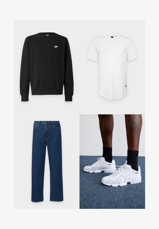 Čierna bavlnená mikina s okrúhlym výstrihom, dlhými rukávmi a malým bielym logom Nike na ľavej hornej strane hrudníka.; Biele tričko s krátkym rukávom vyrobené z bavlny, s okrúhlym výstrihom a mierne predĺženým zadným dielom, s malým logom na boku.; Tmavomodré rovné rifľové nohavice s prednými vreckami a zapínaním na gombík, vystavené na jednoduchom bielom pozadí.; Biele športové topánky s priedušnou sieťovinou, textúrovanými akcentmi a polstrovanou podrážkou. Kombinované s čiernymi rebrovanými členkovými ponožkami na modrom kobercovom povrchu.