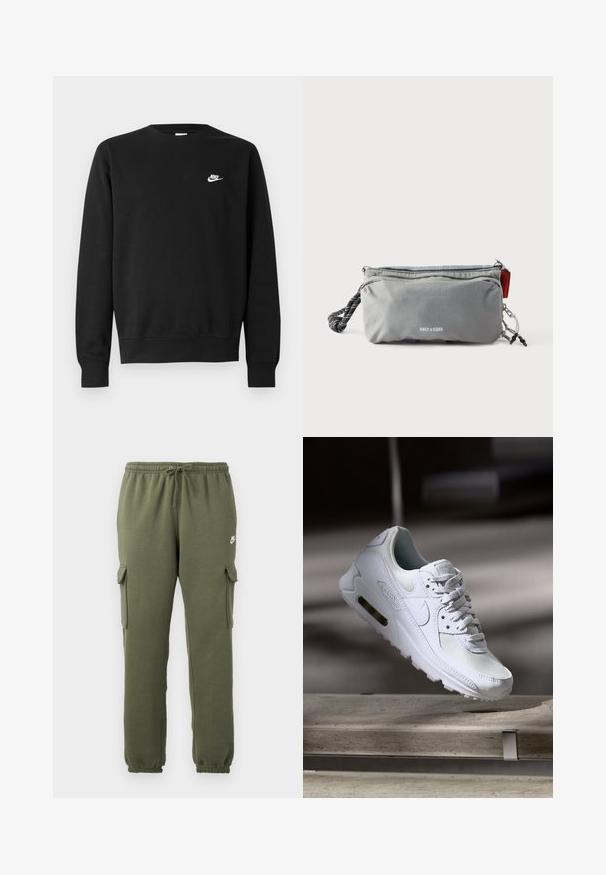 Čierna bavlnená mikina s okrúhlym výstrihom, dlhými rukávmi a malým bielym logom Nike na ľavej hornej strane hrudníka.; Olivové cargo nohavice s elastickým pásom, šnúrkovým zapínaním, bočnými vreckami a značkovým logom na stehne. Hladká zmes bavlny.; Biele tenisky Nike Air Max 90 s vrchnou časťou z kože a sieťoviny, perforovanou špičkou a viditeľnou vzduchovou jednotkou v päte.; Sivý obdĺžnikový obal so zipsami, čierno-bielou lanovou rukoväťou na jednej strane a textom „ONLY & SONS“ v strede vpredu.