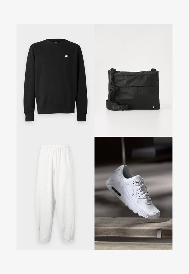 Schwarzer Sweatshirt aus Baumwolle mit rundem Ausschnitt, langen Ärmeln und einem kleinen weißen Nike-Logo auf der oberen linken Brust.; Hellgraue Sweatpants aus weichem Stoff, mit einem elastischen Bund, schmal zulaufenden Beinen und Fußbündchen. Einfaches Design ohne Muster.; Weiße Nike Air Max 90 Sneaker mit einem Obermaterial aus Mesh und Leder, durchlässigem Zehenbereich und einer sichtbaren Air-Einheit in der Ferse.; Schwarze Nylon-Umhängetasche mit verstellbarem Riemen, flachem Design und seitlichem Etikett mit Logo. Glatte Textur und minimalistischer Stil.