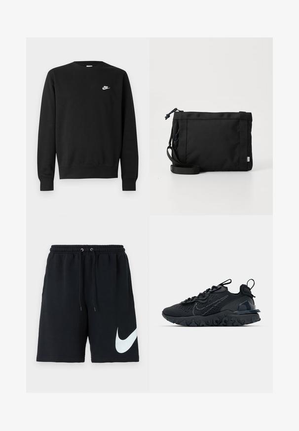 Čierna bavlnená mikina s okrúhlym výstrihom, dlhými rukávmi a malým bielym logom Nike na ľavej hornej strane hrudníka.; Čierne bavlnené šortky s elastickým pásom, šnúrkou, bočnými vreckami a veľkým bielym logom Nike potlačeným na ľavej strane.; Čierna atletická topánka s priedušným sieťovaným zvrškom, textúrovanými akcentmi a vlnovou gumovou podrážkou. Obsahuje reflexné logo a systém šnurovania.; Čierna textilná ramenná taška s textúrovaným povrchom, nastaviteľným pásom a sťahovaním. Vyznačuje sa výrazným prešívaním a bočným štítkom.