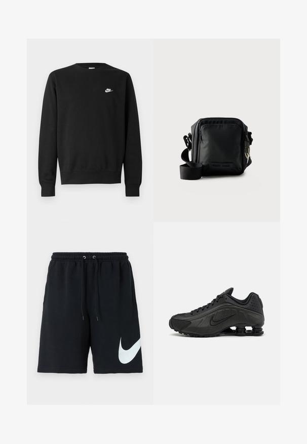 Sudadera negra de algodón, con cuello redondo, mangas largas y un pequeño logo blanco de Nike en el pecho superior izquierdo.; Shorts de algodón negros con cinturilla elástica, cordón, bolsillos laterales y un gran logo blanco de Nike impreso en el lado izquierdo.; Zapatillas de running negras con un upper sintético liso, detalles perforados, paneles laterales texturizados y una suela distintiva y elástica.; Bolso bandolera compacto negro con bolsillo delantero con cremallera, correa ajustable y tela texturizada sobre un fondo liso.
