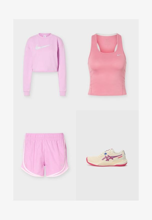 Lyse lilla cropped sweatshirt med lange ærmer og et hvidt Nike swoosh-logo centreret på brystet.; Lyserød Nike ærmeløs atletisk tanktop med racerback og lille hvid Swoosh-logo på brystet, lavet af tekstureret, åndbart stof.; Lyserøde atletikshorts med elastisk talje og hvide kanter, med lette netpaneler i siderne og et lille reflekslogo foran.; Cremefarvet sportsko med en lyserød sål, blå og lilla accenter, perforeret overdel og design med rund tå.