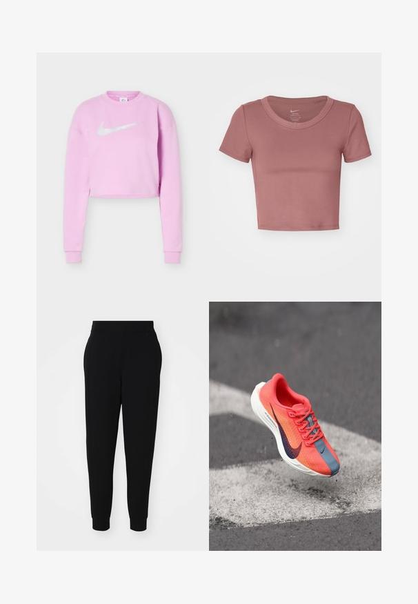 Hellvioletter Cropped-Sweatshirt mit langen Ärmeln und einem weißen Nike Swoosh-Logo mittig auf der Brust.; Kurzärmliges, kurzes T-Shirt in staubigem Rosé, aus glattem Stoff mit einem runden Ausschnitt und genähten Nähten. Keine sichtbaren Logos oder Muster.; Schwarze Jogginghosen aus weichem Stoff, mit schmal zulaufendem Bein, elastischem Bund und gerippten Bündchen sowie Seitennähten für einen maßgeschneiderten Look.; Heller orange und blauer Nike-Laufschuh in der Luft über Asphalt mit weißen Straßenmarkierungen, der Details von Schnürsenkeln und Sohle zeigt.
