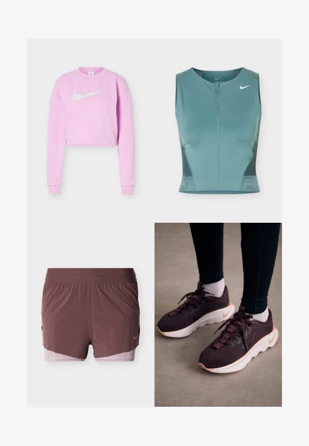 Lyse lilla cropped sweatshirt med lange ærmer og et hvidt Nike swoosh-logo centreret på brystet.; Ærmeløs atletisk crop-top i teal med frontlynlås, netpaneler i siderne og hvid Nike swoosh-logo på øverste venstre bryst.; Shorts i dyb mauve med et let design, der har en bred talje og en lyserød inderforing. Inkluderer en lille logodetalje på siden.; Mørkerøde sportssko med en tekstureret strikoverdel, hvid sål og sort Nike-logo. Har runde snørebånd og mønstrede snørehuller.