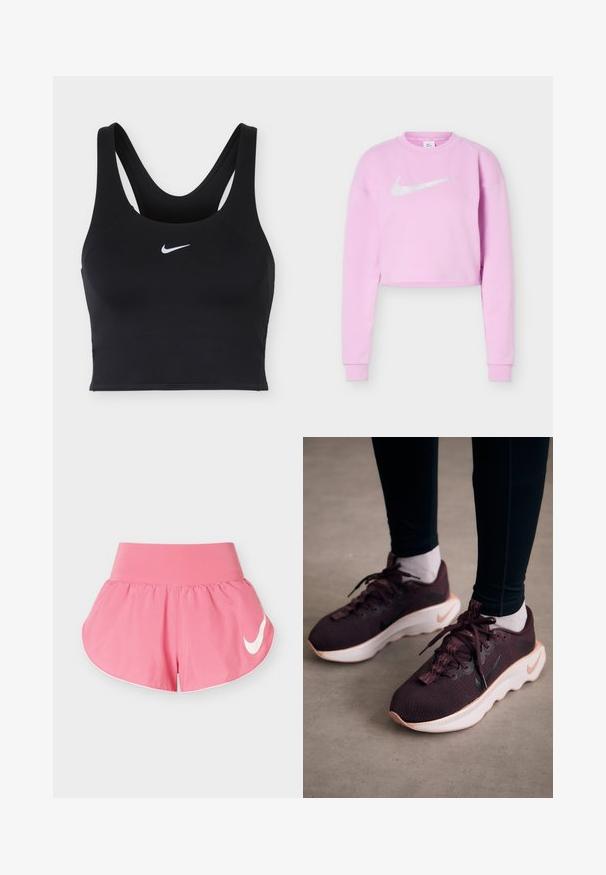 Světle fialová krátká mikina s dlouhými rukávy a bílým logem Nike Swoosh uprostřed hrudi.; Černá sportovní podprsenka Nike s širokými ramínky a bílým logem Nike Swoosh uprostřed na přední straně.; Růžové sportovní šortky s širokým pasem a bílým logem Nike vlevo, na bílém pozadí.; Tmavě červené sportovní boty s texturovaným pleteným svrškem, bílou podrážkou a černým logem Nike. Mají kulaté tkaničky a vzorované očka pro tkaničky.