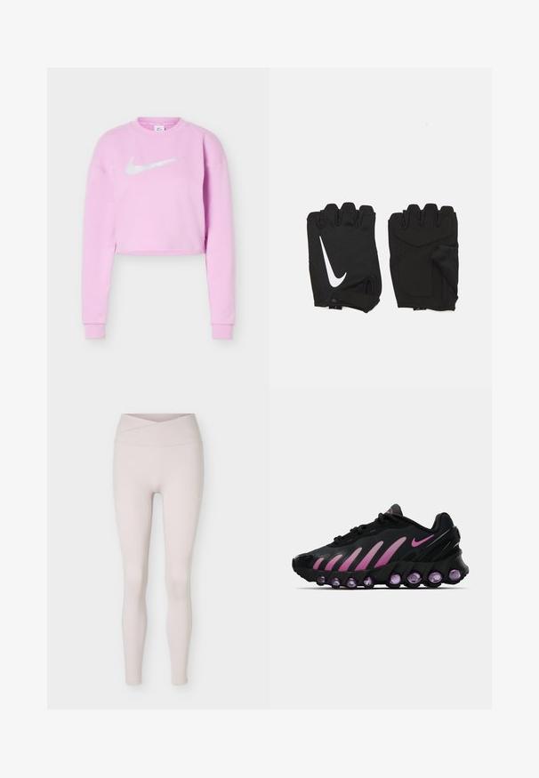 Lyse lilla cropped sweatshirt med lange ærmer og et hvidt Nike swoosh-logo centreret på brystet.; Lyse beige, sømløse leggings med høj talje og et krydset taljebåndsdetalje, vist fladt mod en hvid baggrund.; Sorte og lyserøde Nike sneakers med en mesh-overdel, buet design og rund lilla dæmpning i sålen og på siderne.; Sorte fingerløse træningshandsker lavet af åndbart stof, med et hvidt Nike-logo, polstrede håndflader og et åbent håndledsdesign for fleksibilitet.