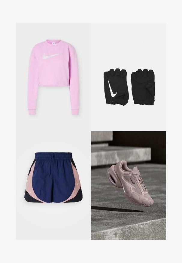 Hele lilla lühike dressipluus pikkade varrukatega ja valge Nike Swoosh logoga rinnal keskel.; Nike spordilühikesed püksid elastse vöökohtaga, millel on tumesinine, roosa ja must paneel. Valmistatud kergest tekstuuriga kangast.; Nike'i kerged tossud heledas roosas toonis, millel on võrkmaterjalist pealmine osa, ümar tald ja nähtav pehmendus. Sujuv tekstuur, millel on reljeefsed detailid.; Mustmusteta musta spordikindad, mis on valmistatud hingavast kangast, sisaldavad valget Nike logo, padjaga peopesad ja avatud randme disain paindlikkuse tagamiseks.