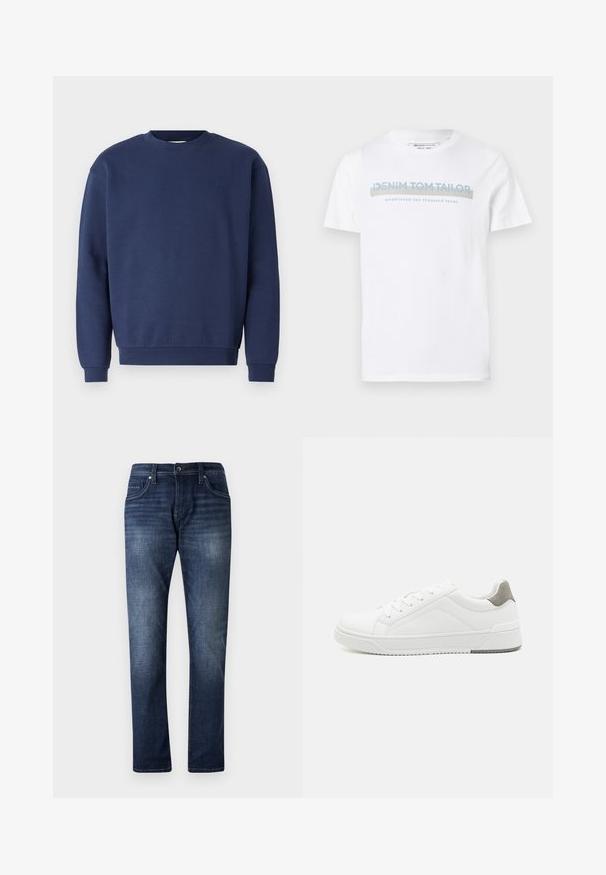 Marineblå sweatshirt lavet af blødt stof, med rund halsudskæring og ribbede manchetter. Indeholder et diskret logo på brystet.; Hvid bomulds T-shirt med rund halsudskæring, korte ærmer og et blåt grafisk tekstdesign, der siger "DENIM TOM TAILOR etableret 2007."; Mørkeblå denimjeans med lige ben design, der har en falmet vask, fem lommer og synlige stikninger langs sømmene.; Hvid sneaker lavet af glat læder, rund tå, minimalistisk design, grå hælafsats og tekstureret gummisål.