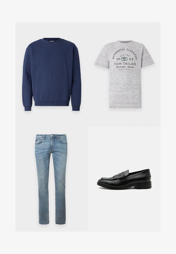 Marineblaues Sweatshirt aus weichem Stoff, mit rundem Ausschnitt und gerippten Bündchen. Enthält ein dezentes Logo auf der Brust.; Graues Heather-Kurzarmshirt mit dem Aufdruck "Authentic Classics 1962" und "Tom Tailor" in kontrastierenden dunkelgrünen und schwarzen Buchstaben.; Helle blaue Jeans mit einem geraden Bein-Design, hergestellt aus Denim. Merkmale umfassen Standardtaschen, Gürtelschlaufen und dezente Verblassung.; Schwarzer Leder-Herrenloafer mit Quasten-Detail, abgerundeter Spitze, niedrigem Absatz und glatter, polierter Oberfläche, von der Seite auf weißem Hintergrund dargestellt.