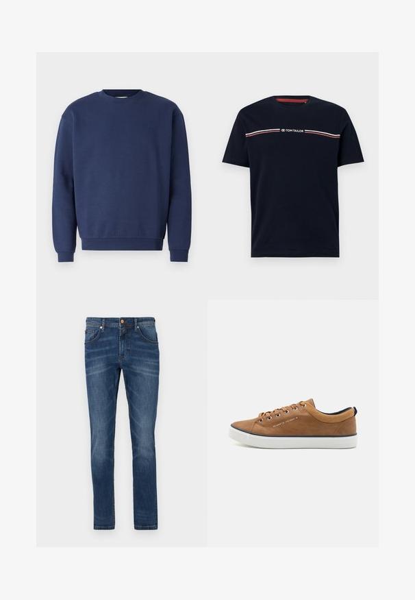 Marineblå sweatshirt lavet af blødt stof, med rund halsudskæring og ribbede manchetter. Indeholder et diskret logo på brystet.; Marineblå bomulds-t-shirt med korte ærmer og rund halsudskæring, med en hvid og rød horisontal stribedetalje og "TOM TAILOR" logo.; Mørkeblå denim jeans med lige ben, fem lommer, subtile blegetoner, kontrastsyet og knaplukning i taljen.; Brune lædersneakers med rund tå, hvid sål og marineblå accenter. Har metaløjer og en tekstureret krave.